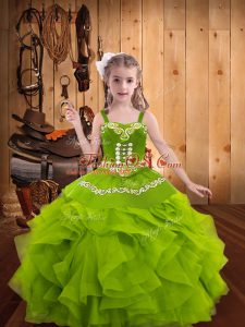 Straps Sleeveless Little Girls Pageant Gowns Floor Length Embroidery and Ruffles Olive Green Organza