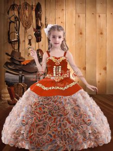 Multi-color Fabric With Rolling Flowers Lace Up Straps Sleeveless Floor Length Little Girls Pageant Gowns Embroidery and Ruffles