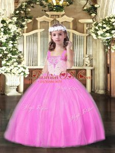 Unique Rose Pink Straps Lace Up Beading Pageant Dress Toddler Sleeveless