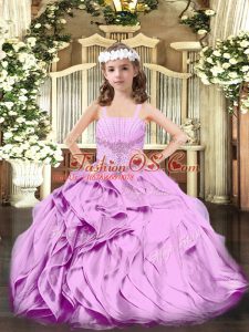 Affordable Lilac Organza Lace Up Little Girl Pageant Dress Sleeveless Floor Length Beading and Ruffles