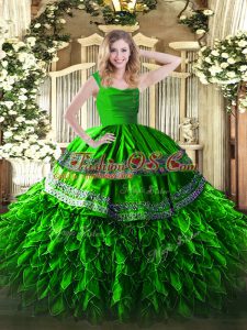 Green Ball Gowns Beading and Lace and Ruffles 15th Birthday Dress Zipper Organza Sleeveless Floor Length