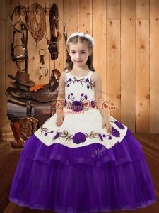 Low Price Eggplant Purple Straps Lace Up Embroidery and Ruffled Layers Pageant Dress for Teens Sleeveless