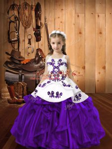 Eggplant Purple Lace Up Straps Embroidery and Ruffles Girls Pageant Dresses Organza Sleeveless