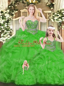 Lovely Green Quince Ball Gowns Military Ball and Sweet 16 and Quinceanera with Beading and Ruffles Sweetheart Sleeveless Lace Up