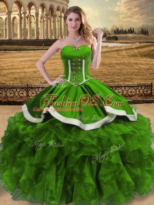 Delicate Green Organza Lace Up Sweetheart Sleeveless Floor Length Ball Gown Prom Dress Beading and Ruffles