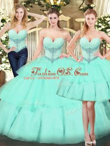 Sweetheart Sleeveless Organza Quinceanera Dress Beading and Ruffled Layers Lace Up