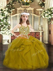 Charming Ball Gowns Little Girl Pageant Dress Brown Straps Tulle Sleeveless Floor Length Lace Up