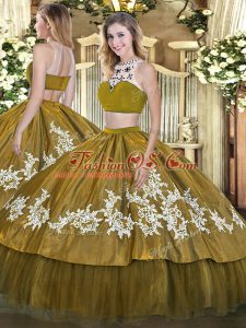 Fantastic Olive Green Quinceanera Gown Military Ball and Sweet 16 and Quinceanera with Beading and Appliques High-neck Sleeveless Backless