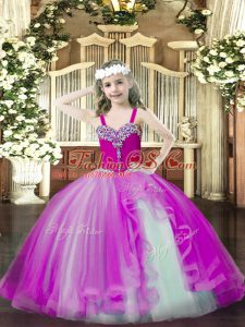 Fuchsia Ball Gowns Straps Sleeveless Tulle Floor Length Lace Up Beading Pageant Gowns For Girls