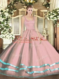 Pink Tulle Zipper Ball Gown Prom Dress Sleeveless Floor Length Ruffled Layers