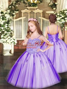 Lavender Sleeveless Floor Length Appliques Lace Up Kids Formal Wear