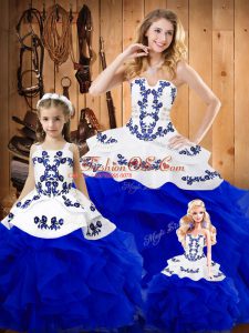Extravagant Royal Blue Sleeveless Embroidery and Ruffles Floor Length Quince Ball Gowns