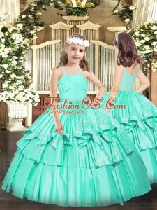 Turquoise Ball Gowns Organza Straps Sleeveless Beading and Lace Floor Length Zipper Pageant Dress Toddler