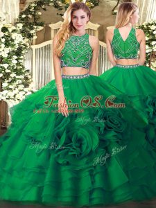 Dark Green Zipper High-neck Beading and Ruffled Layers Ball Gown Prom Dress Tulle Sleeveless