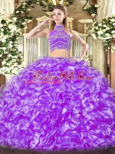 Tulle High-neck Sleeveless Backless Beading and Ruffles Quince Ball Gowns in Lavender