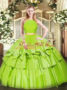 Unique Floor Length Zipper Sweet 16 Dresses Yellow Green for Military Ball and Sweet 16 and Quinceanera with Ruffled Layers