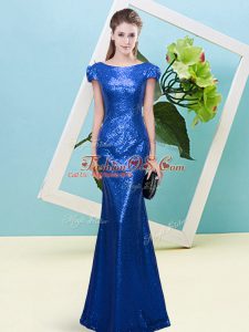 Beauteous Royal Blue Sequined Zipper Scoop Cap Sleeves Floor Length Prom Evening Gown Sequins