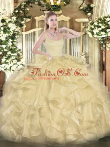 Sleeveless Floor Length Beading and Ruffles Zipper Quinceanera Gowns with Gold