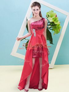 One Shoulder Sleeveless Lace Up Prom Evening Gown Coral Red Elastic Woven Satin and Sequined