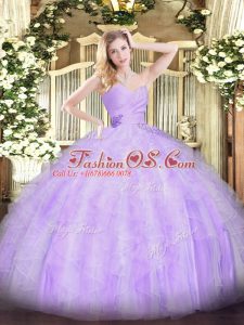 Lovely Beading and Ruffles 15th Birthday Dress Lavender Lace Up Sleeveless Floor Length