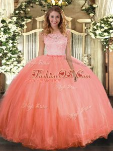 Admirable Floor Length Clasp Handle 15th Birthday Dress Orange Red for Military Ball and Sweet 16 and Quinceanera with Lace