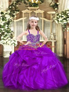 Great Sleeveless Floor Length Beading and Ruffles Lace Up Little Girls Pageant Gowns with Purple