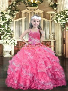 Eye-catching Floor Length Hot Pink Little Girl Pageant Dress Organza Sleeveless Beading and Ruffled Layers