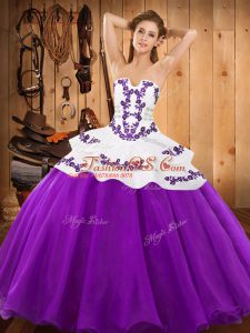 Strapless Sleeveless Quinceanera Gown Floor Length Embroidery Eggplant Purple Satin and Organza