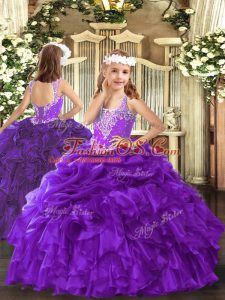 Best Purple Organza Lace Up V-neck Sleeveless Floor Length Pageant Dress for Girls Beading and Ruffles and Pick Ups