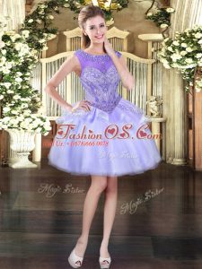 Elegant Sleeveless Organza Mini Length Lace Up Prom Evening Gown in Lavender with Beading