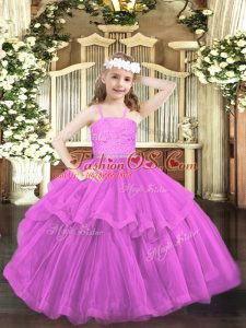 Lilac Straps Zipper Beading and Lace Little Girls Pageant Gowns Sleeveless