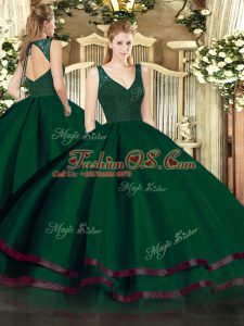 Colorful Dark Green Sleeveless Floor Length Beading and Lace and Ruffled Layers Backless 15 Quinceanera Dress