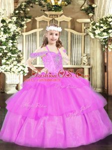 Fashion Lilac Organza Lace Up Off The Shoulder Sleeveless Floor Length Pageant Dresses Beading and Ruffled Layers