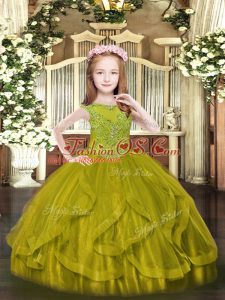 Customized Olive Green Tulle Zipper Scoop Sleeveless Floor Length Pageant Dress for Teens Beading and Ruffles