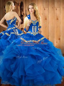 Inexpensive Sleeveless Satin and Organza Floor Length Lace Up Sweet 16 Dress in Blue with Embroidery and Ruffles