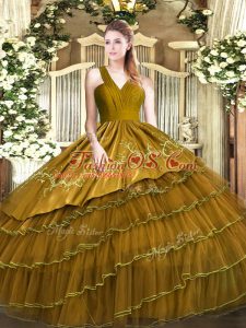 Popular Satin and Organza Sleeveless Floor Length Quinceanera Dress and Embroidery and Ruffled Layers