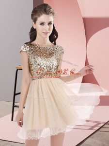 Inexpensive Champagne A-line Sequins Bridesmaid Dresses Zipper Tulle Cap Sleeves Mini Length