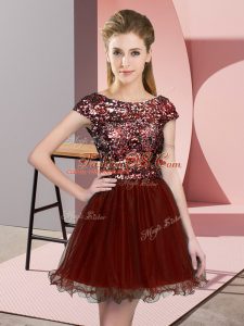 Gorgeous Wine Red A-line Sequins Bridesmaid Dresses Zipper Tulle Cap Sleeves Mini Length