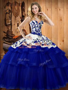 Great Royal Blue Organza Lace Up Quince Ball Gowns Sleeveless Sweep Train Embroidery