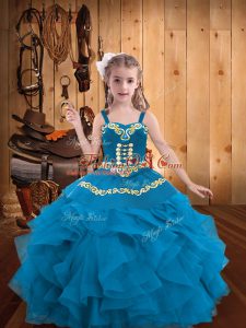 Blue Ball Gowns Organza Straps Sleeveless Embroidery and Ruffles Floor Length Lace Up Pageant Gowns