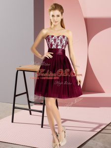 Burgundy Empire Sweetheart Sleeveless Chiffon Mini Length Zipper Lace