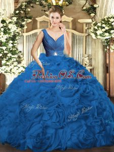 New Arrival Blue Ball Gowns V-neck Sleeveless Fabric With Rolling Flowers Floor Length Backless Beading and Ruching 15th Birthday Dress