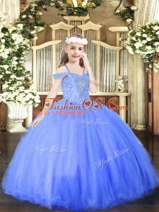 Custom Made Blue Lace Up Little Girls Pageant Gowns Beading Sleeveless Floor Length