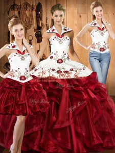 Floor Length Wine Red Quince Ball Gowns Organza Sleeveless Embroidery and Ruffles