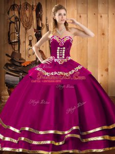 Fuchsia Sweetheart Neckline Embroidery Quince Ball Gowns Sleeveless Lace Up