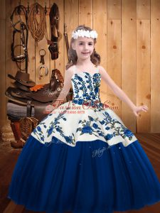 Blue Ball Gowns Straps Sleeveless Tulle Floor Length Lace Up Embroidery Little Girl Pageant Gowns
