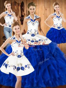Inexpensive Floor Length Blue And White Vestidos de Quinceanera Halter Top Sleeveless Lace Up
