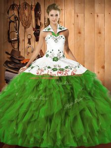 Flirting Embroidery and Ruffles 15 Quinceanera Dress Olive Green Lace Up Sleeveless Floor Length