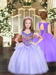 Most Popular Lavender Ball Gowns Beading Child Pageant Dress Lace Up Organza Sleeveless Floor Length