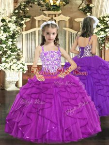 Best Purple Little Girls Pageant Dress Party and Sweet 16 and Quinceanera and Wedding Party with Beading and Ruffles Straps Sleeveless Lace Up